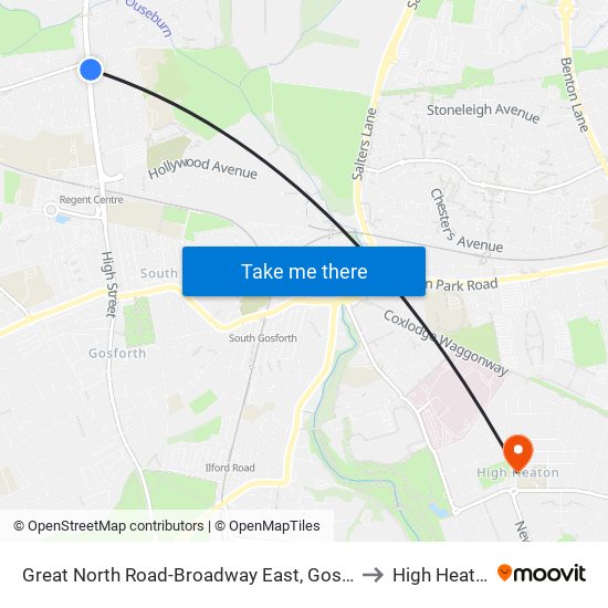Great North Road-Broadway East, Gosforth to High Heaton map