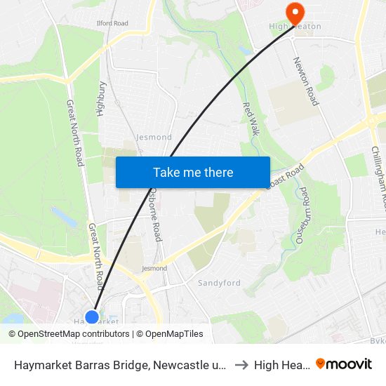 Haymarket Barras Bridge, Newcastle upon Tyne to High Heaton map