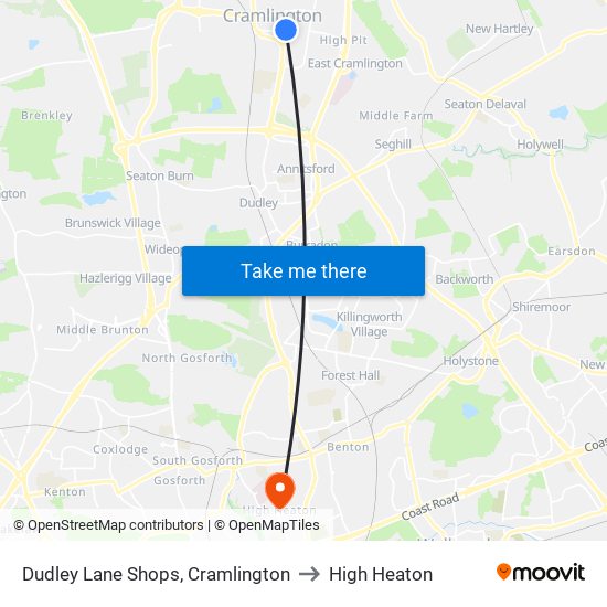 Dudley Lane Shops, Cramlington to High Heaton map