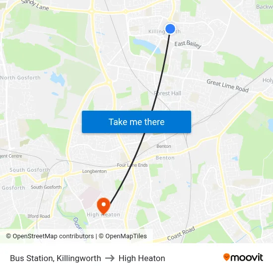 Bus Station, Killingworth to High Heaton map