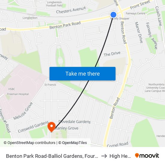 Benton Park Road-Balliol Gardens, Four Lane Ends to High Heaton map