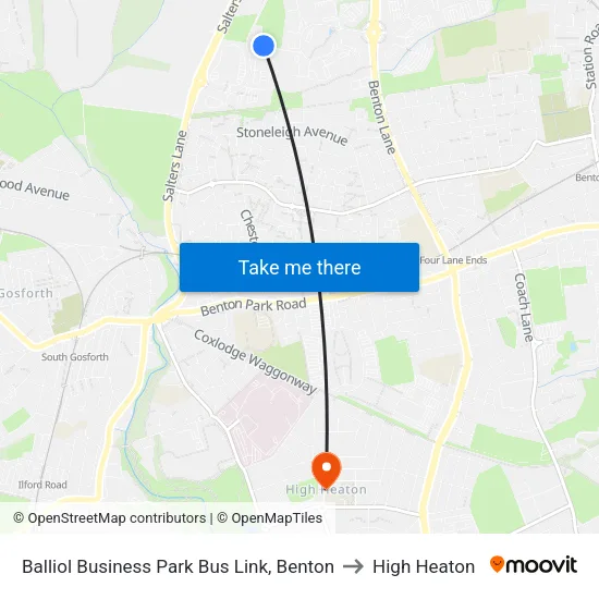 Balliol Business Park Bus Link, Benton to High Heaton map