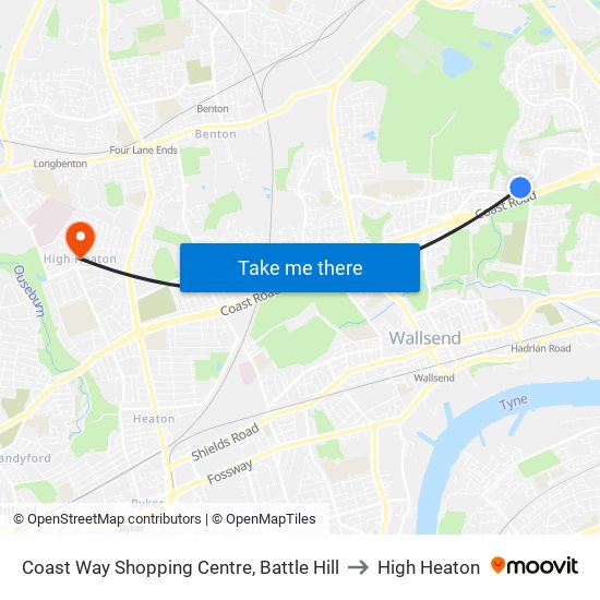 Coast Way Shopping Centre, Battle Hill to High Heaton map