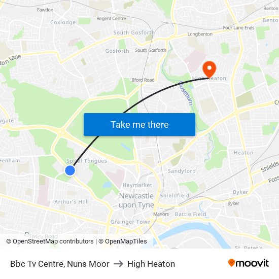 Bbc Tv Centre, Nuns Moor to High Heaton map