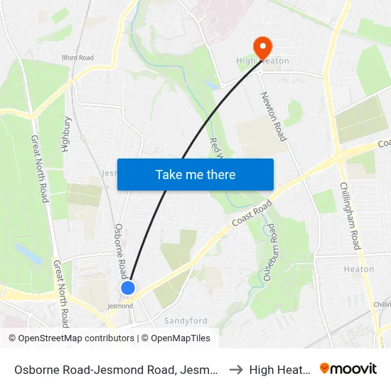 Osborne Road-Jesmond Road, Jesmond to High Heaton map