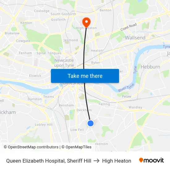 Queen Elizabeth Hospital, Sheriff Hill to High Heaton map