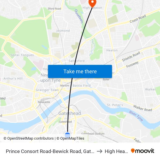 Prince Consort Road-Bewick Road, Gateshead to High Heaton map