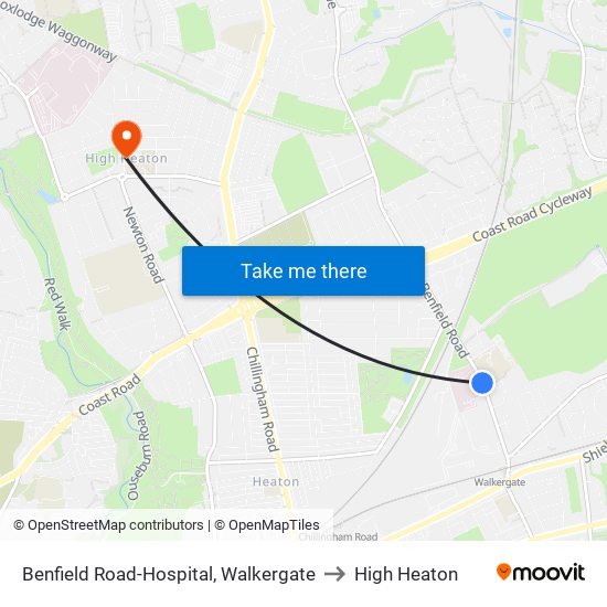 Benfield Road-Hospital, Walkergate to High Heaton map