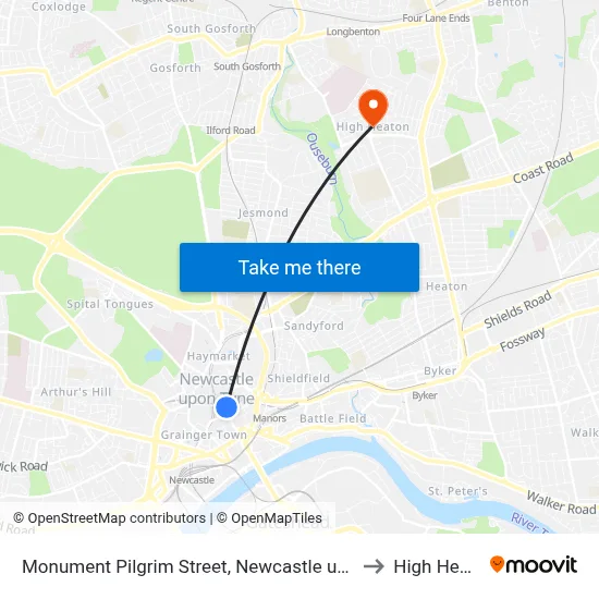 Monument Pilgrim Street, Newcastle upon Tyne to High Heaton map