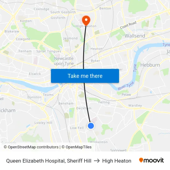 Queen Elizabeth Hospital, Sheriff Hill to High Heaton map