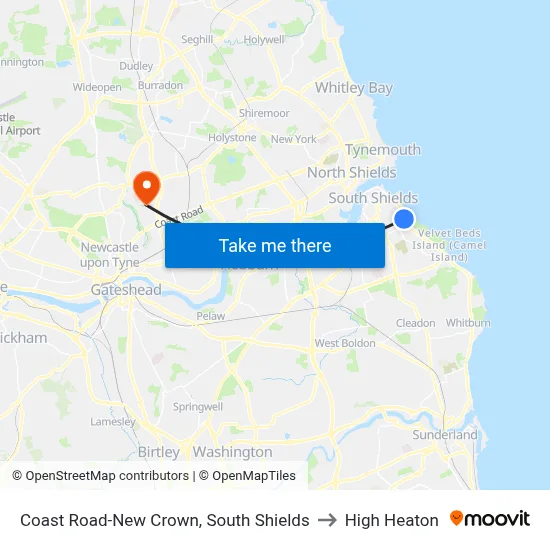Coast Road-New Crown, South Shields to High Heaton map