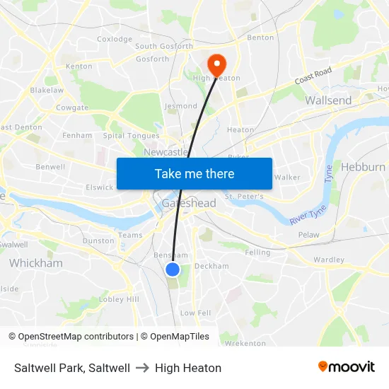Saltwell Park, Saltwell to High Heaton map