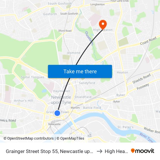 Grainger Street Stop 55, Newcastle upon Tyne to High Heaton map