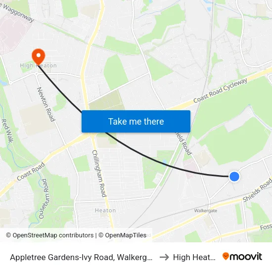 Appletree Gardens-Ivy Road, Walkergate to High Heaton map