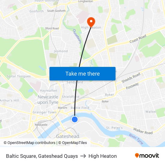 Baltic Square, Gateshead Quays to High Heaton map