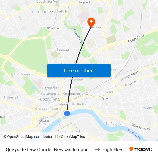 Quayside Law Courts, Newcastle upon Tyne to High Heaton map