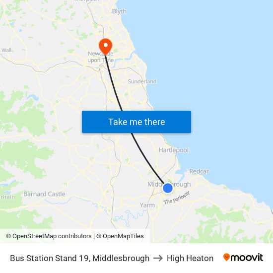 Bus Station Stand 19, Middlesbrough to High Heaton map