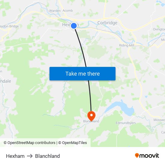 Hexham to Blanchland map