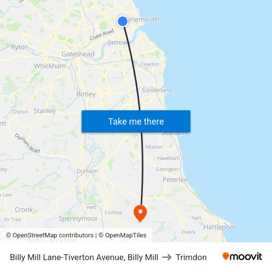 Billy Mill Lane-Tiverton Avenue, Billy Mill to Trimdon map