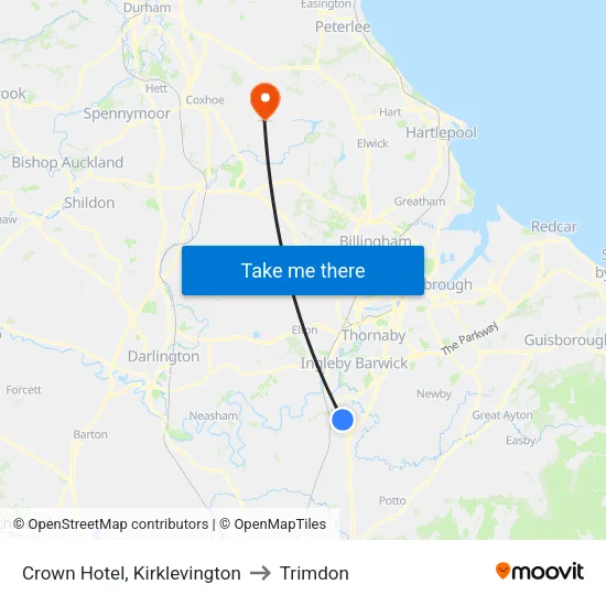 Crown Hotel, Kirklevington to Trimdon map