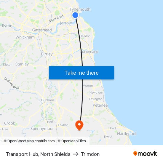 Transport Hub, North Shields to Trimdon map