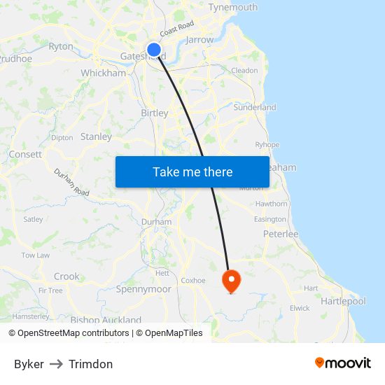 Byker to Trimdon map