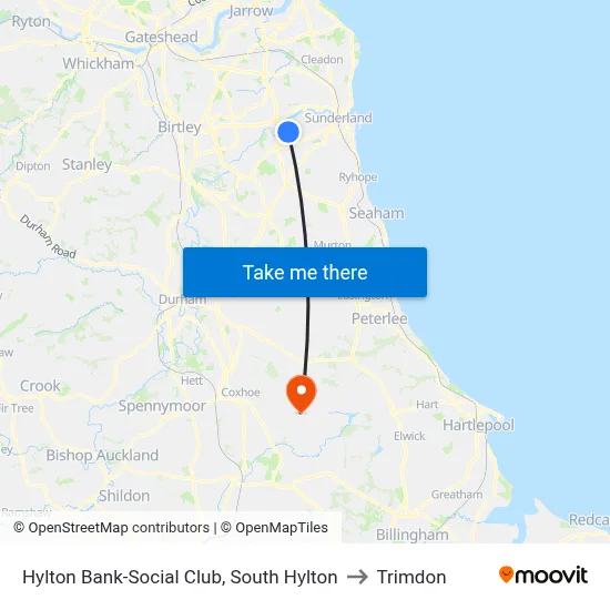 Hylton Bank-Social Club, South Hylton to Trimdon map