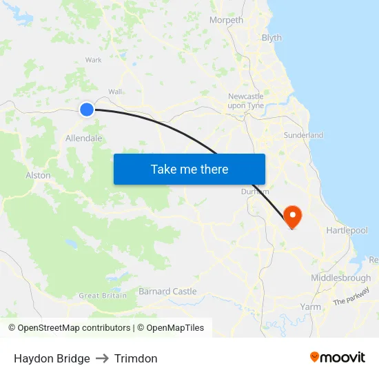 Haydon Bridge to Trimdon map