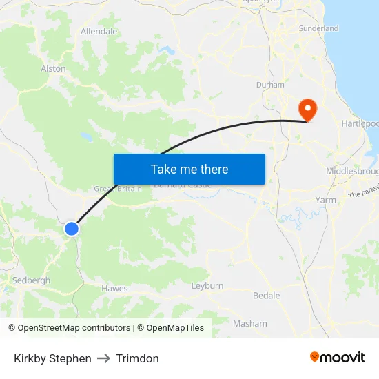 Kirkby Stephen to Trimdon map