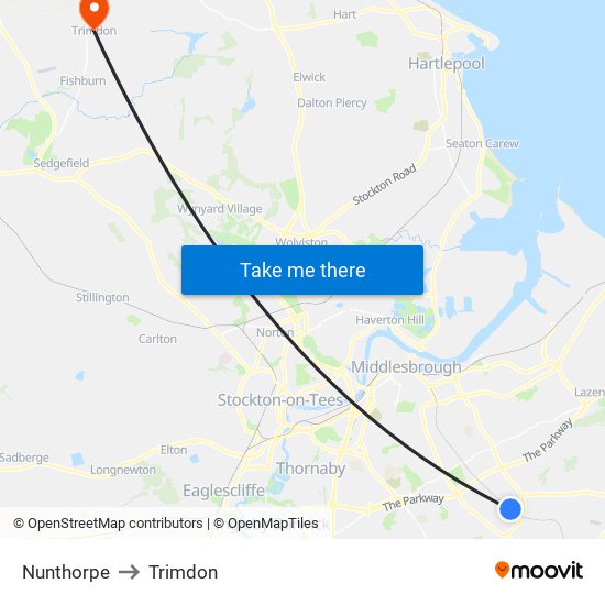 Nunthorpe to Trimdon map