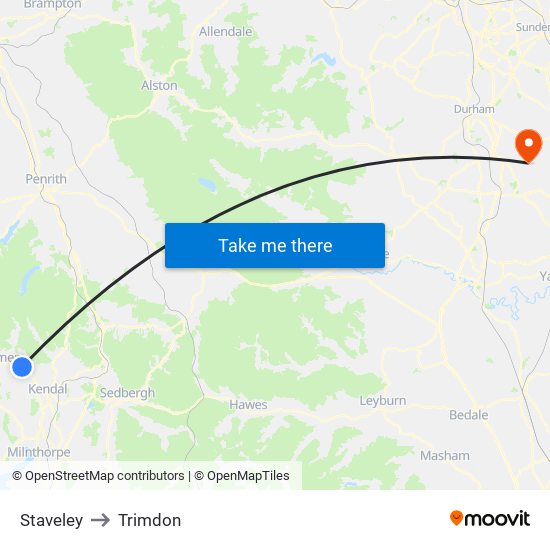 Staveley to Trimdon map