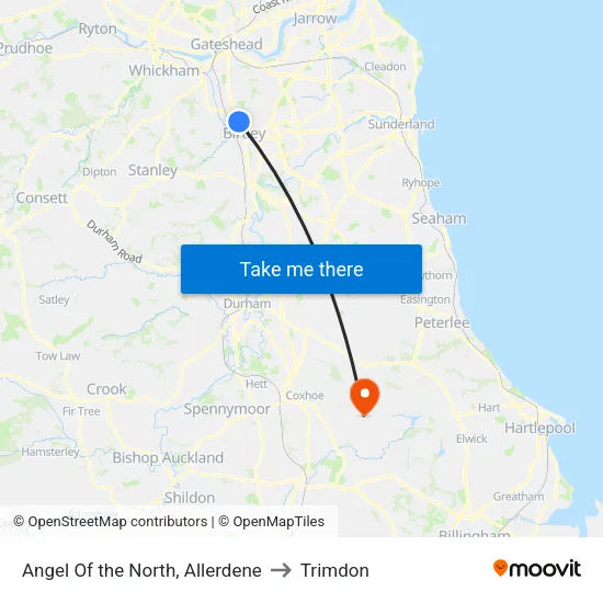 Angel Of the North, Allerdene to Trimdon map