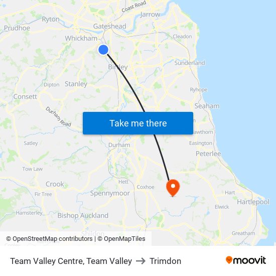 Team Valley Centre, Team Valley to Trimdon map