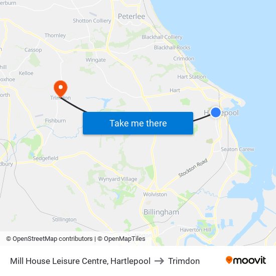 Mill House Leisure Centre, Hartlepool to Trimdon map