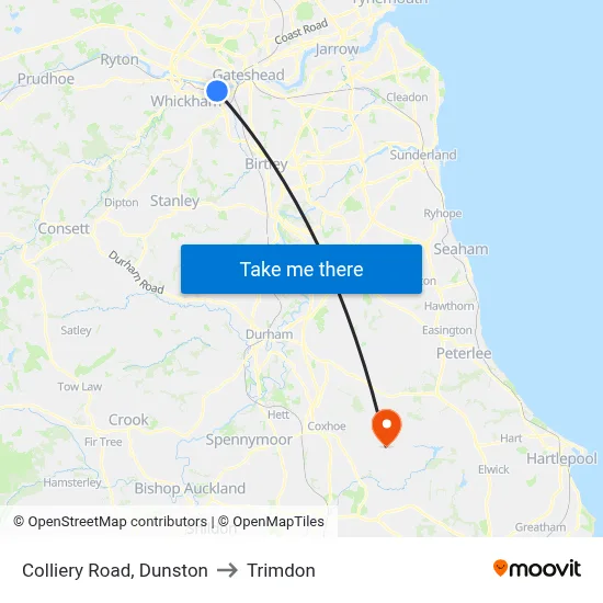 Colliery Road, Dunston to Trimdon map