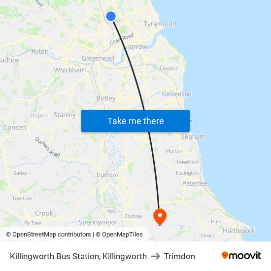 Killingworth Bus Station, Killingworth to Trimdon map