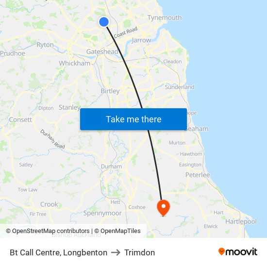 Bt Call Centre, Longbenton to Trimdon map