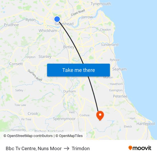 Bbc Tv Centre, Nuns Moor to Trimdon map