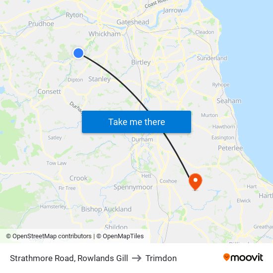 Strathmore Road, Rowlands Gill to Trimdon map