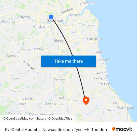 Rvi-Dental Hospital, Newcastle upon Tyne to Trimdon map