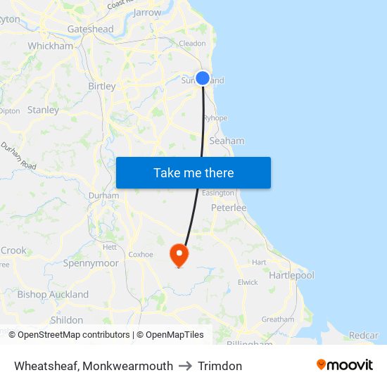 Wheatsheaf, Monkwearmouth to Trimdon map