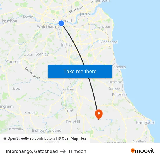 Interchange, Gateshead to Trimdon map