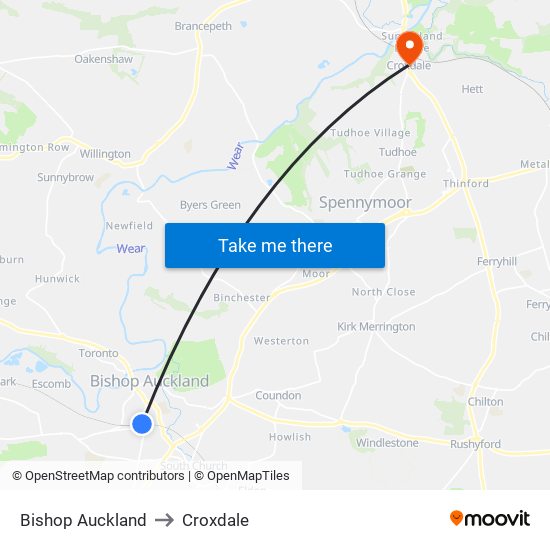 Bishop Auckland to Croxdale map