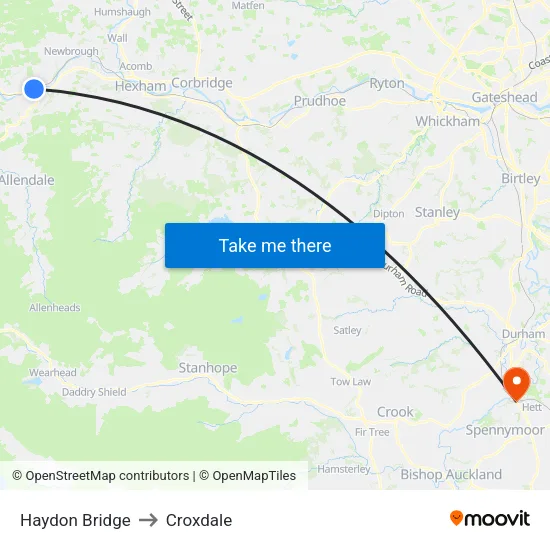 Haydon Bridge to Croxdale map