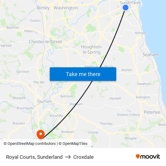 Royal Courts, Sunderland to Croxdale map