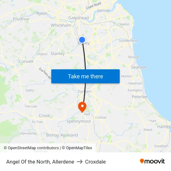 Angel Of the North, Allerdene to Croxdale map