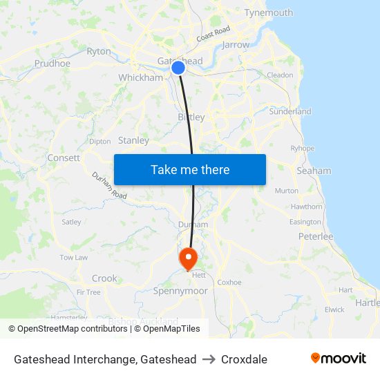 Gateshead Interchange, Gateshead to Croxdale map
