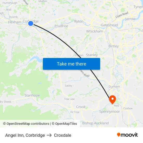 Angel Inn, Corbridge to Croxdale map