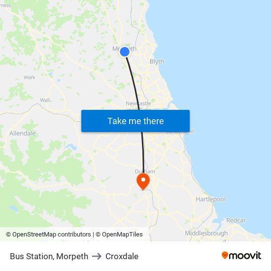 Bus Station, Morpeth to Croxdale map