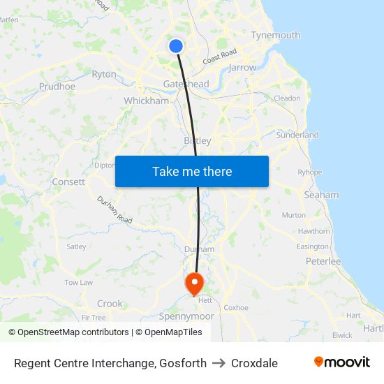 Regent Centre Interchange, Gosforth to Croxdale map